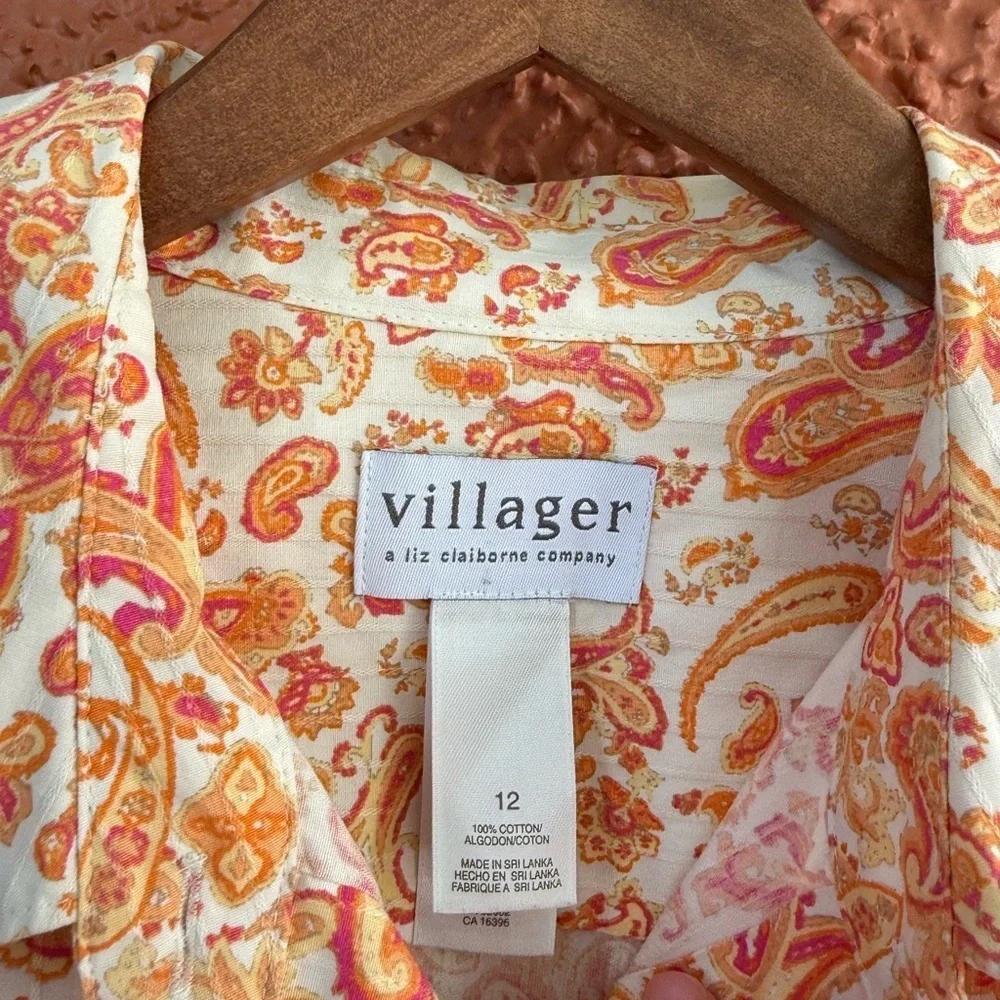 Women’s Orange and Pink Paisly Button Down Shirt Villager Liz Claiborne Size 12